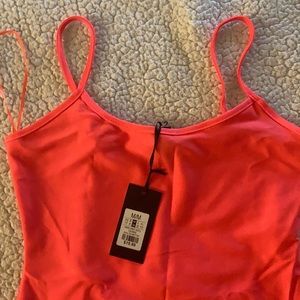Neon orange spaghetti strap body con dress